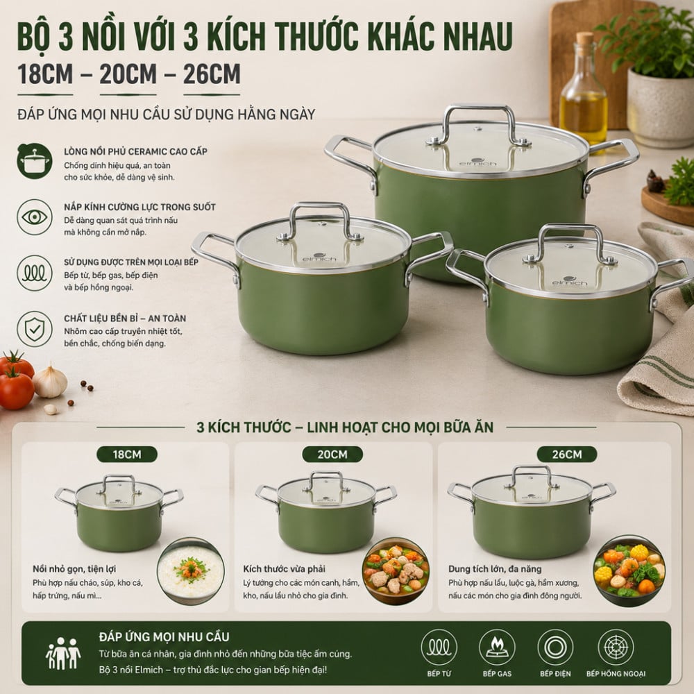 Bộ nồi phủ sứ chống dính Elmich Olive Classic EL-5231OV01 - Hàng chính hãng