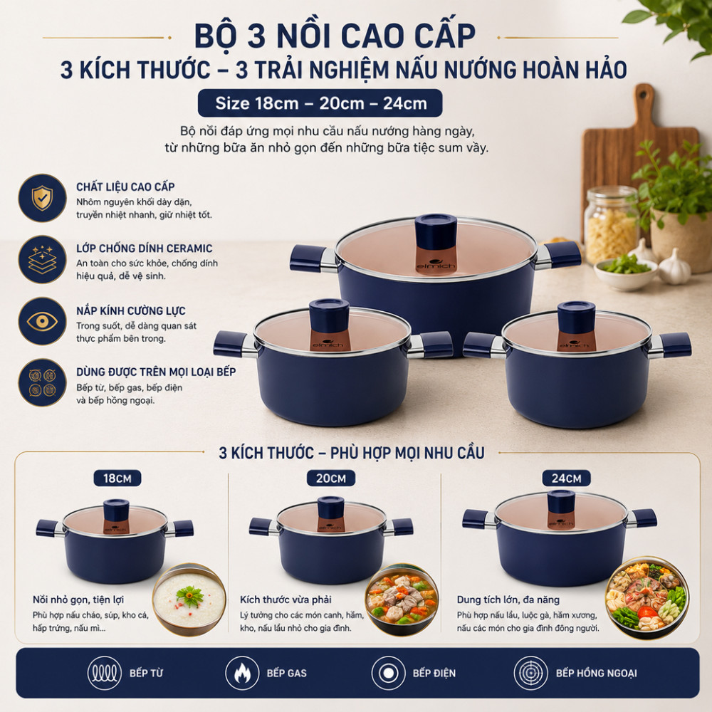 Bộ nồi chống dính Ceramic Elmich E5240FD01 - Hàng chính hãng