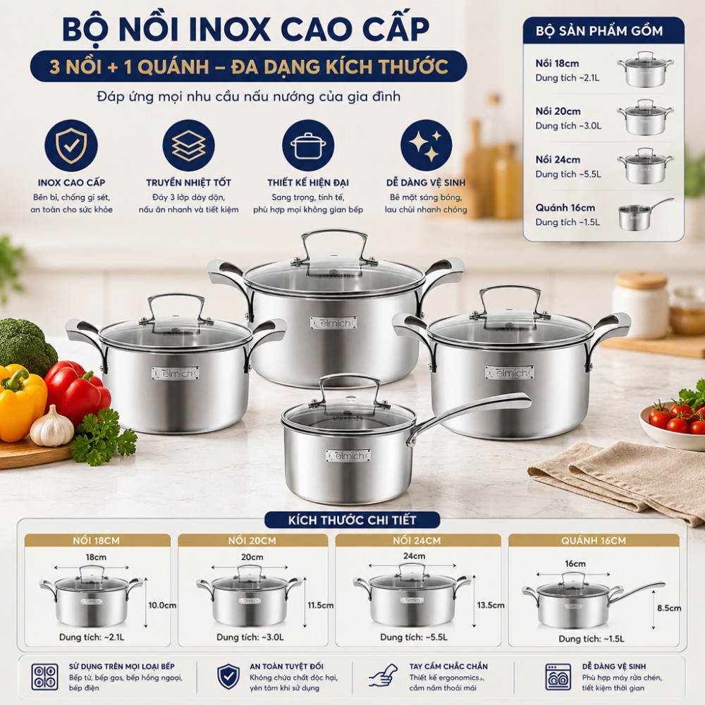 Bộ nồi inox 3 lớp liền khối Elmich Premium EL3100 - Hàng chính hãng