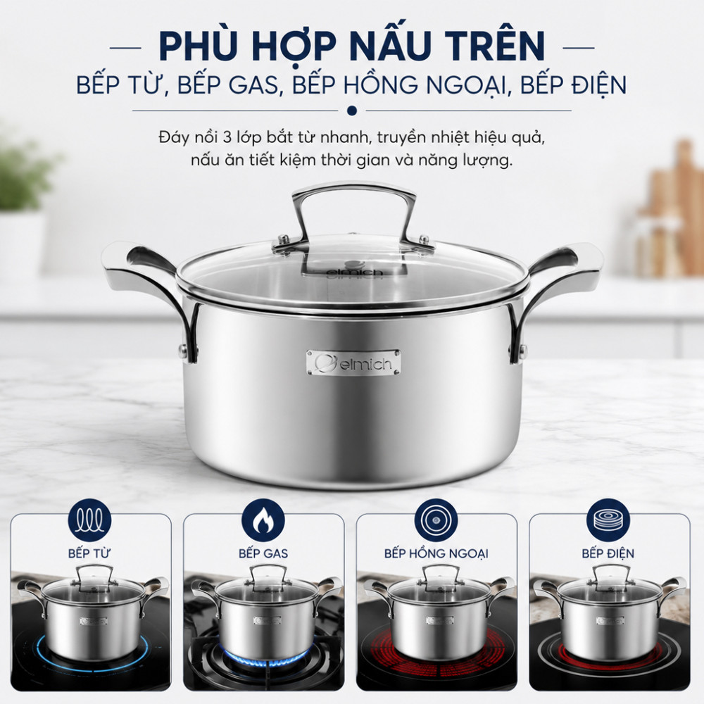 Bộ nồi inox 3 lớp liền khối Elmich Premium EL3100 - Hàng chính hãng