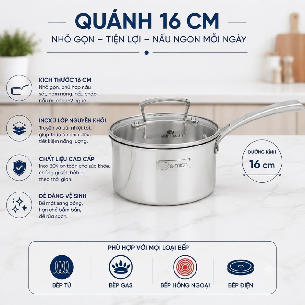 Bộ nồi inox 3 lớp liền khối Elmich Premium EL3100 - Hàng chính hãng