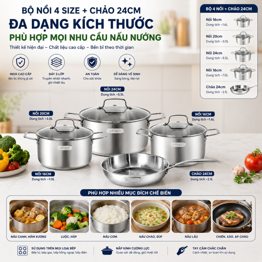 Bộ nồi 4 chiếc inox liền khối Elmich Tri- Max (EL2476) - Hàng chính hãng