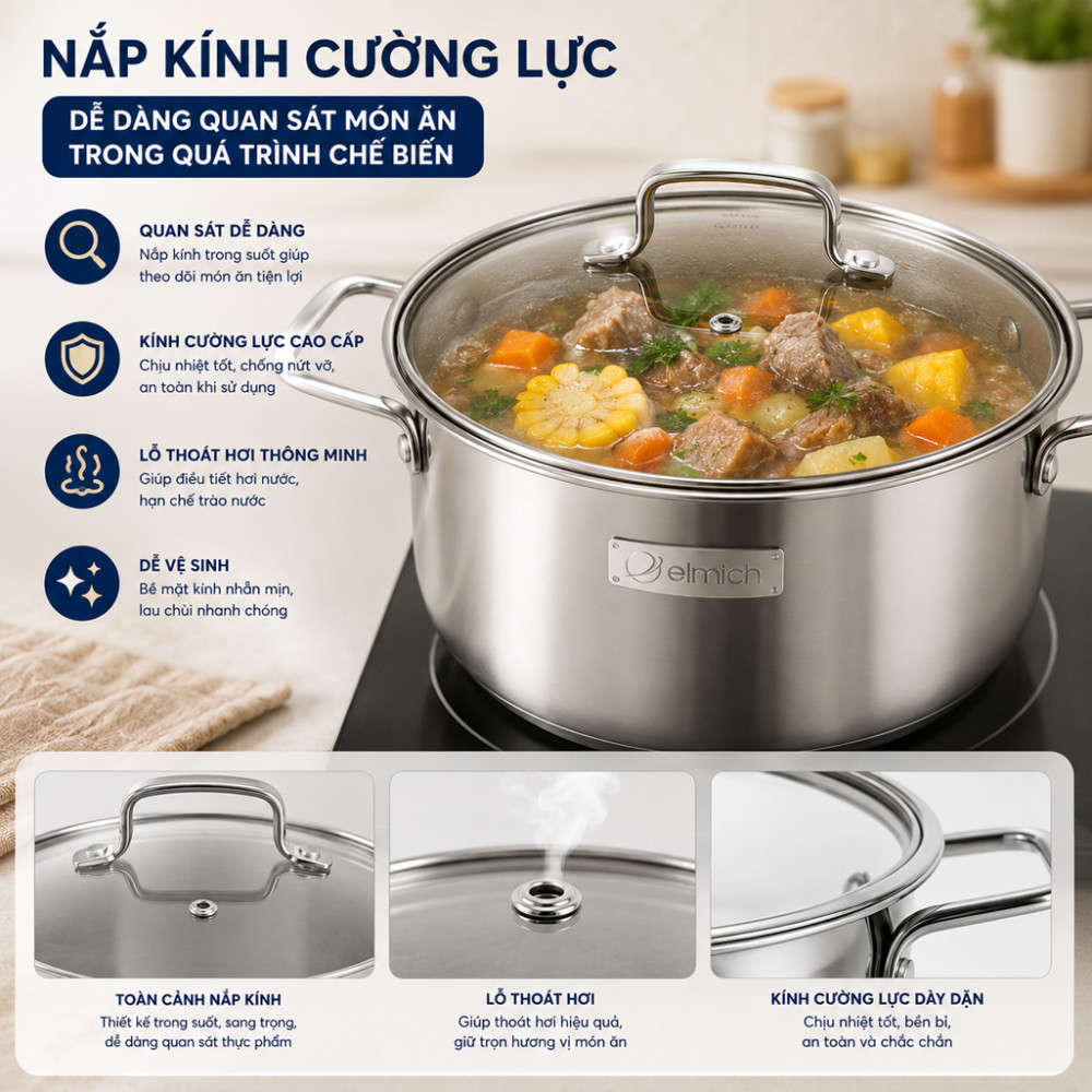 Bộ nồi 4 chiếc inox liền khối Elmich Tri- Max (EL2476) - Hàng chính hãng