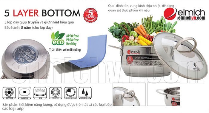 Bộ nồi inox 5 đáy Elmich Celestine 5 chiếc 18-20-22-24-28 - Hàng chính hãng