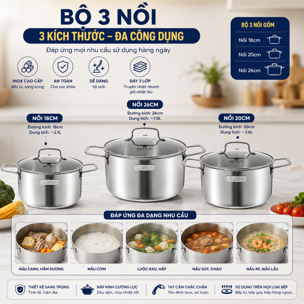 Bộ nồi inox liền khối Elmich EL2488IN02 - Hàng chính hãng