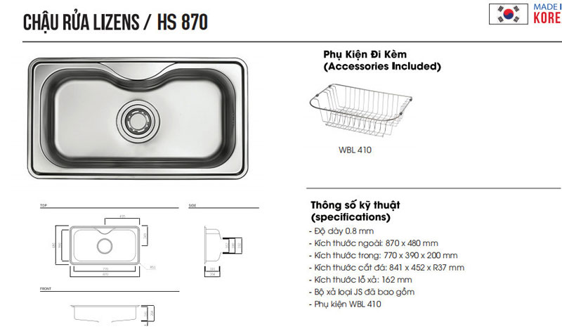 Chậu rửa bát 1 hố Hàn Quốc Lizens HS 870  - Hàng chính hãng