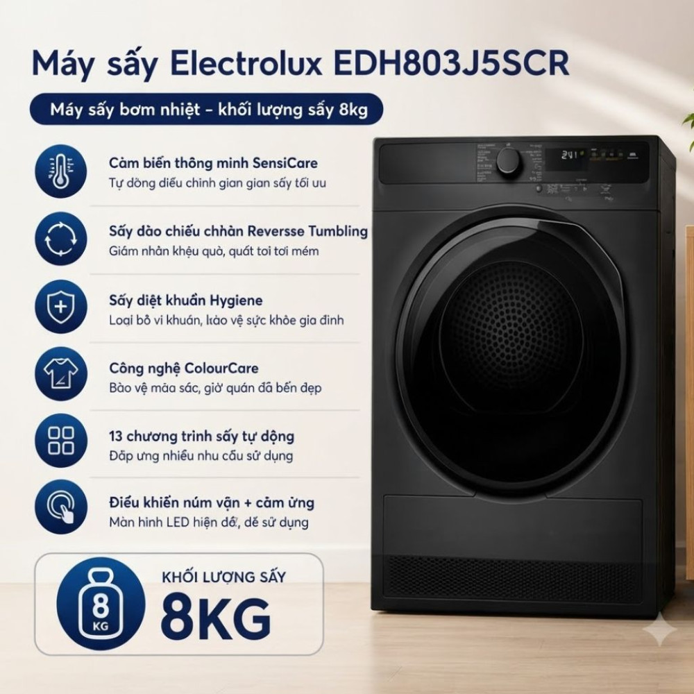 Máy sấy bơm nhiệt Electrolux 8 kg EDH803J5SCR - Hàng chính hãng