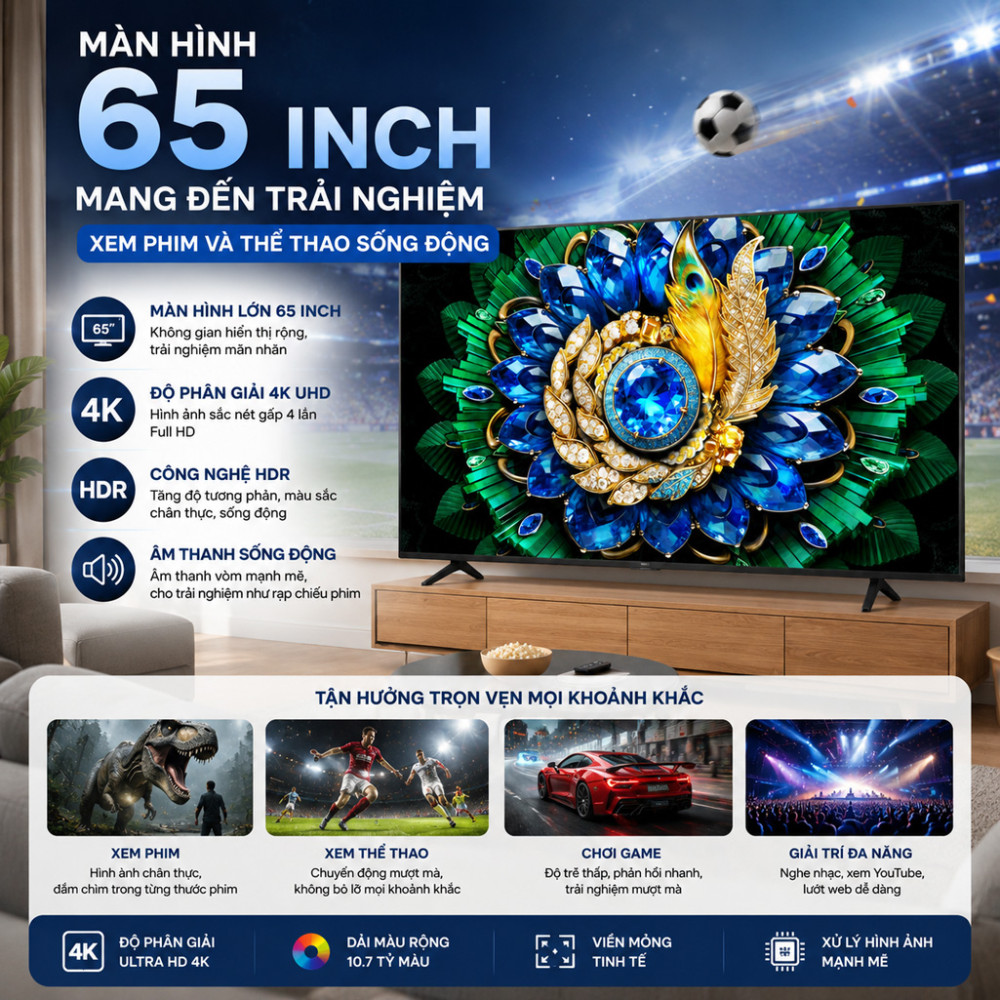  Google Tivi TCL QD-Mini LED 4K 65 inch 65A400M - Hàng chính hãng