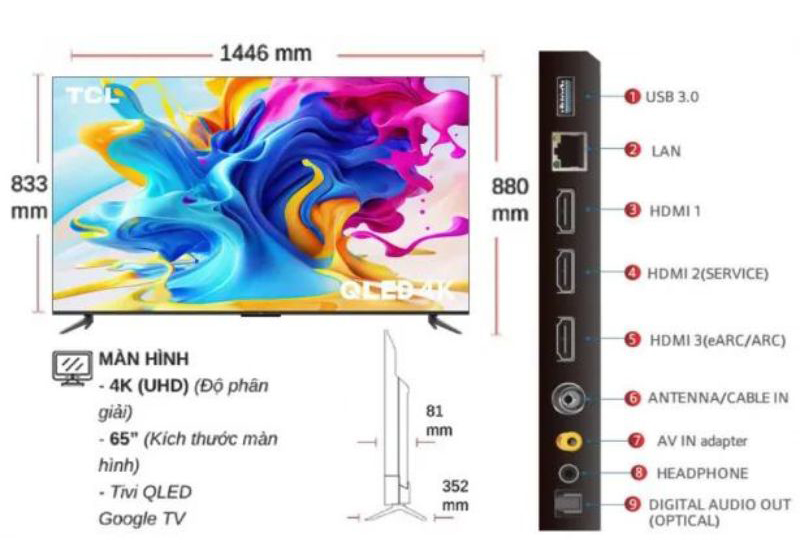 Google Tivi TCL QLED 4K 65 Inch 65C645 - Hàng chính hãng
