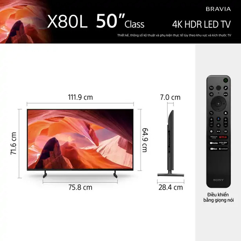 Google Tivi Sony 4K 50 inch KD-50X80L - Hàng chính hãng