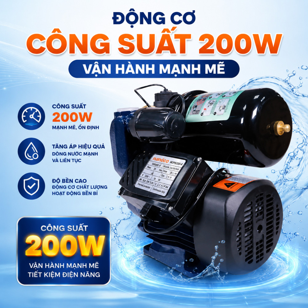 Máy bơm nước nóng tăng áp điện tử Nanoco NCPS200-A - Hàng chính hãng