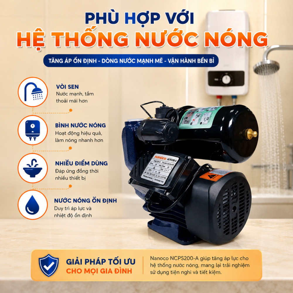 Máy bơm nước nóng tăng áp điện tử Nanoco NCPS200-A - Hàng chính hãng
