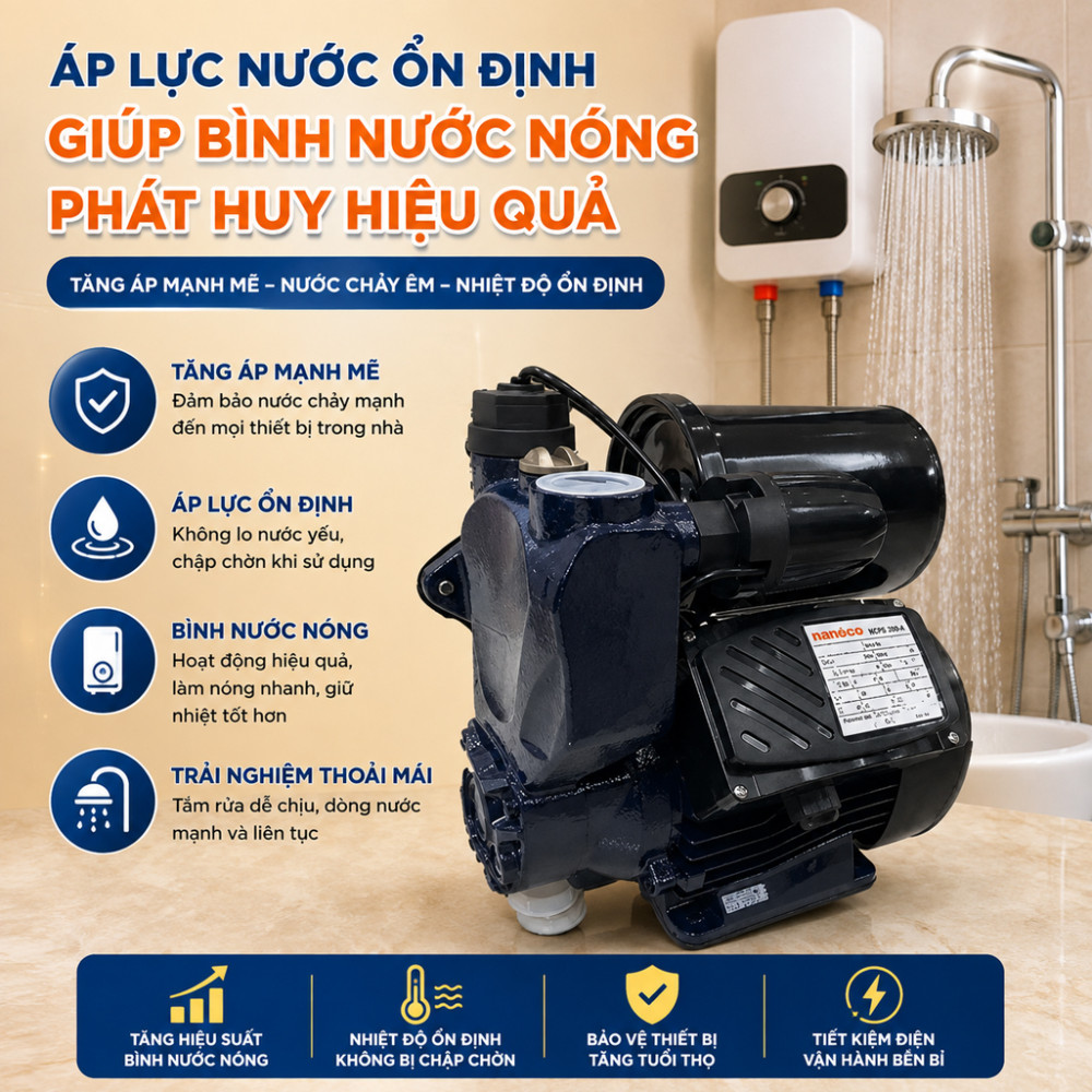Máy bơm nước nóng tăng áp điện tử Nanoco NCPS200-A - Hàng chính hãng
