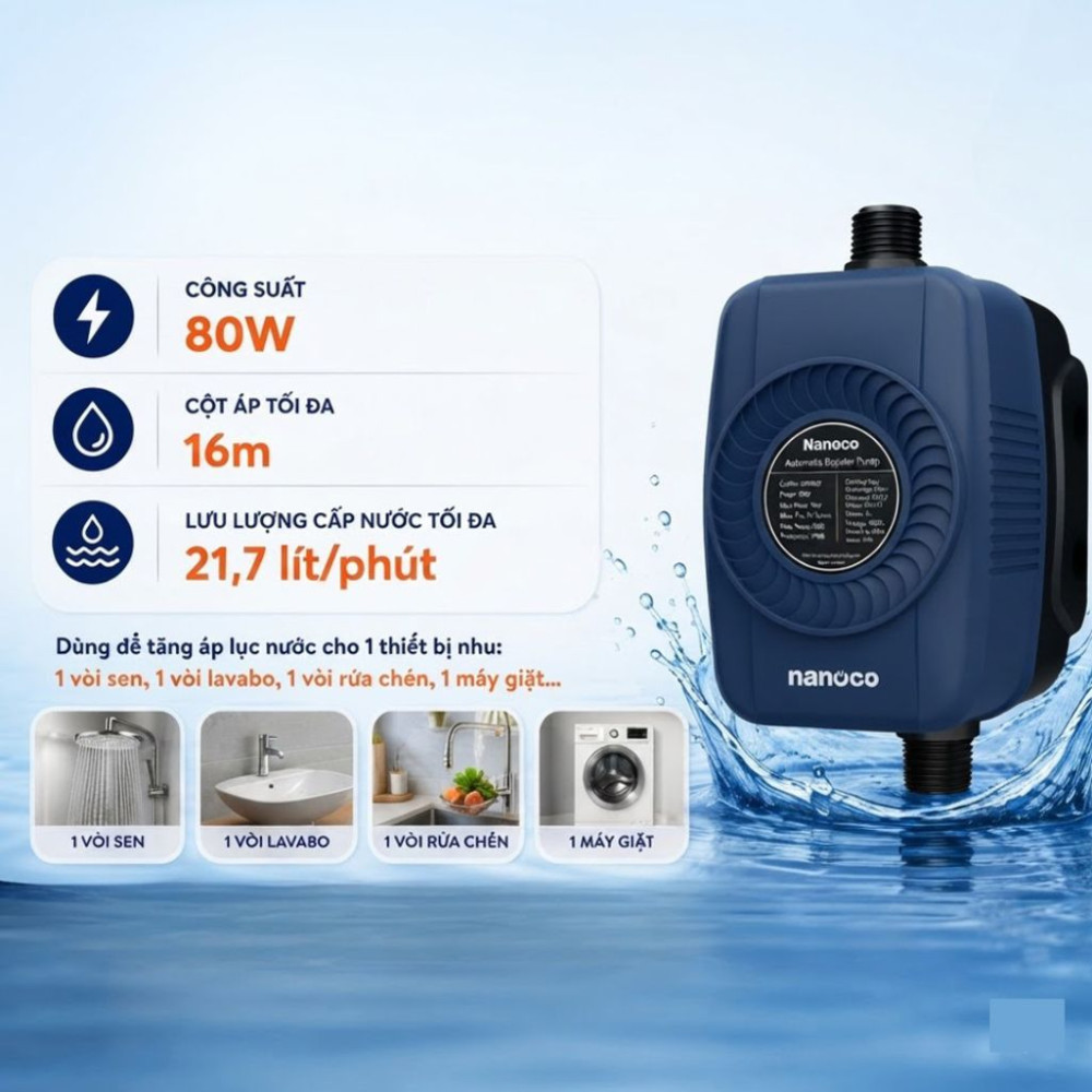 Máy bơm nước tăng áp Nanoco NMBP80 - Hàng chính hãng