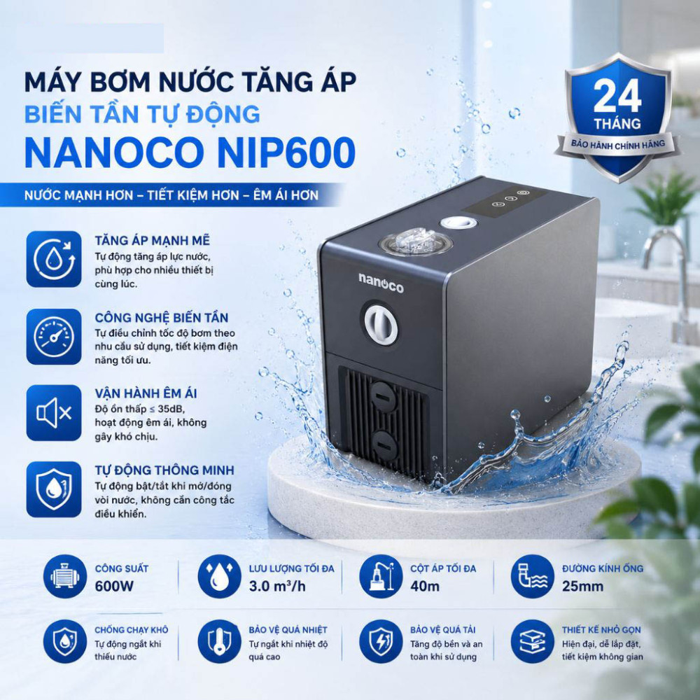 Máy bơm nước tăng áp biến tần tự động Nanoco NIP600 - Hàng chính hãng