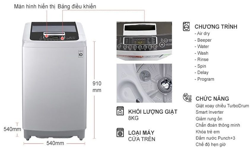Máy giặt 8 kg Inverter LG T2108VSPM - Hàng chính hãng