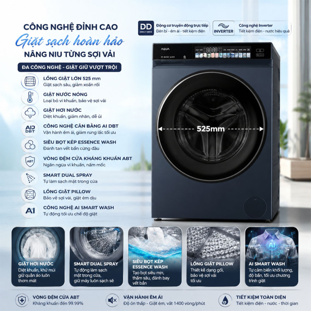 Máy giặt Aqua Inverter 10kg AW10-B4377U1L(GN) - Hàng chính hãng
