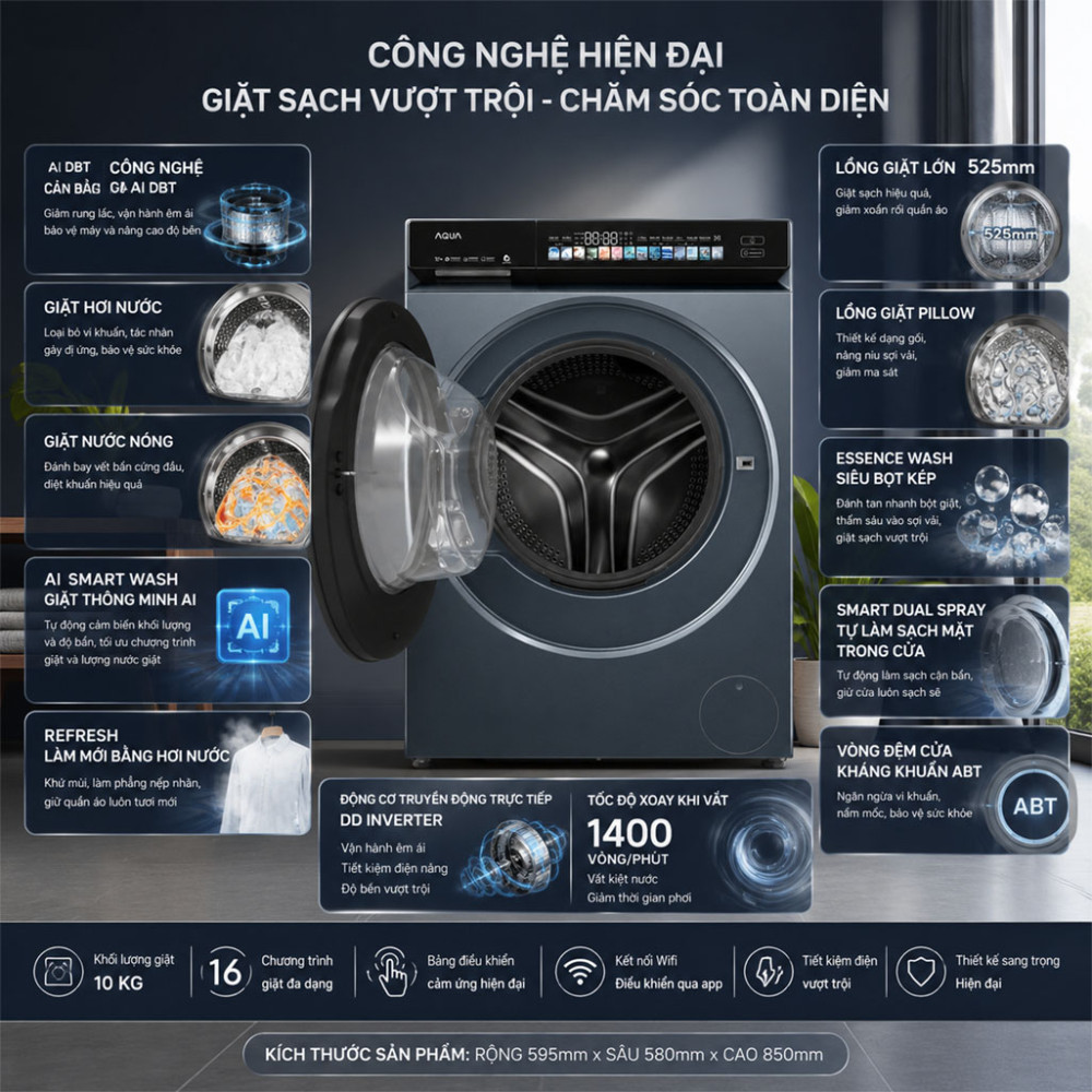 Máy giặt Aqua Inverter 10kg AW10-BD4377U1L(GN) - Hàng chính hãng