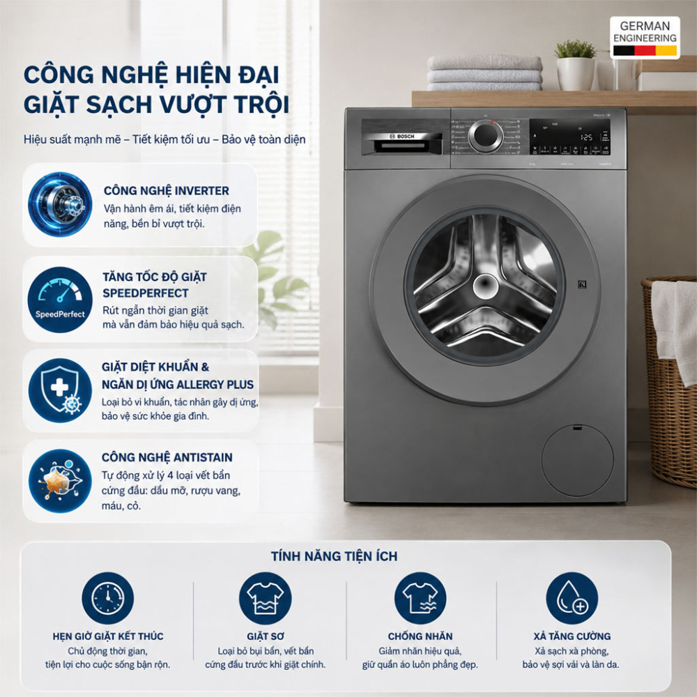Máy giặt Bosch Inverter 9 kg WGG24401SG - Hàng chính hãng