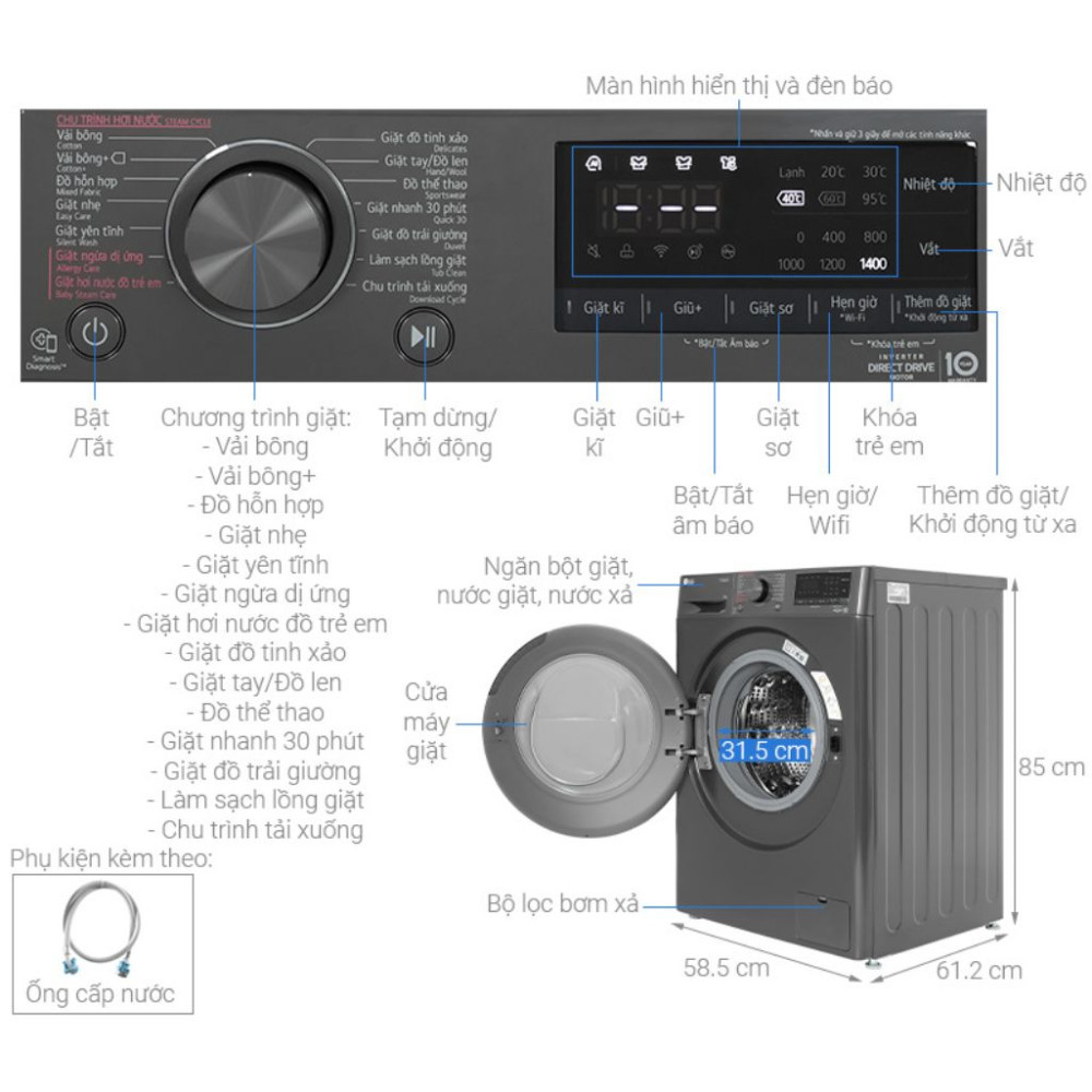 Máy giặt LG Inverter 9 kg FV1409S4M1 - Hàng chính hãng