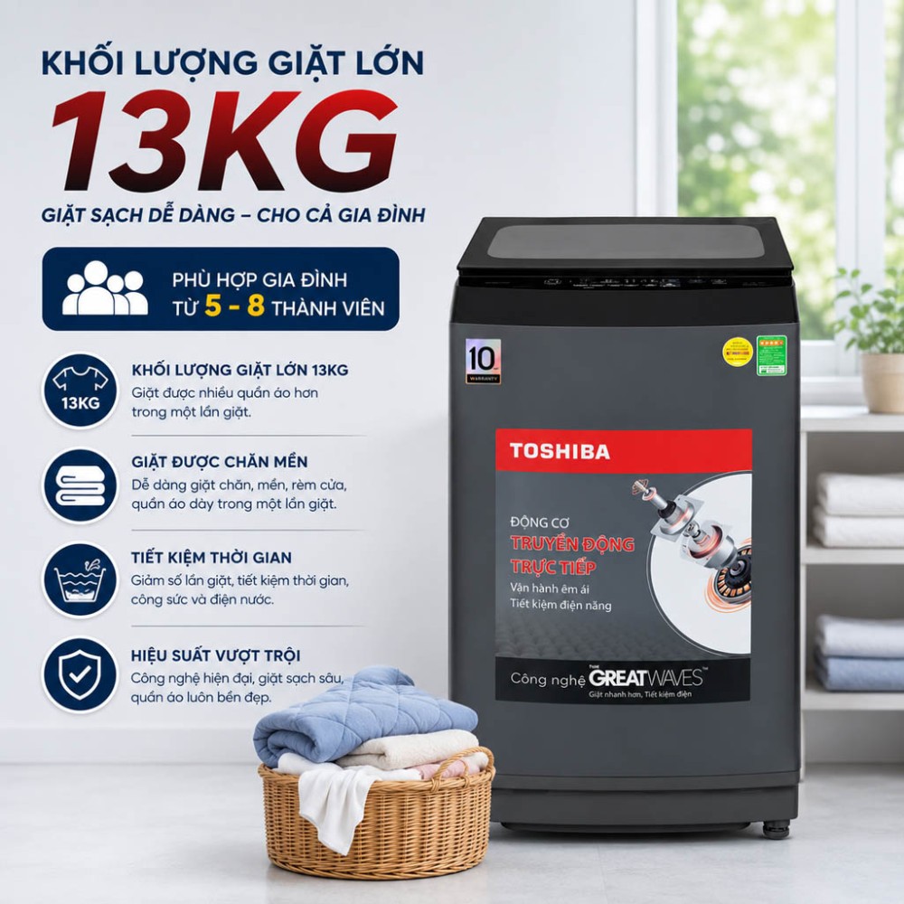 Máy giặt Toshiba Inverter 13 kg AW-DM1400LV(MK) - Hàng chính hãng