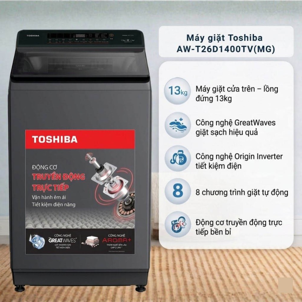 Máy giặt Toshiba Inverter 13 kg AW-T26D1400TV(MG) - Hàng chính hãng