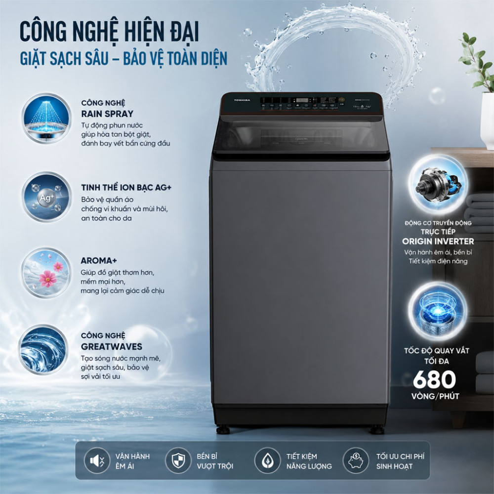 Máy giặt Toshiba Inverter 15 kg AW-T26D1600XV(MG) - Hàng chính hãng