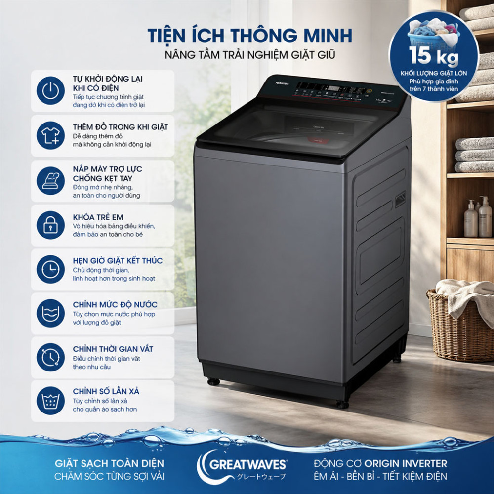 Máy giặt Toshiba Inverter 15 kg AW-T26D1600XV(MG) - Hàng chính hãng