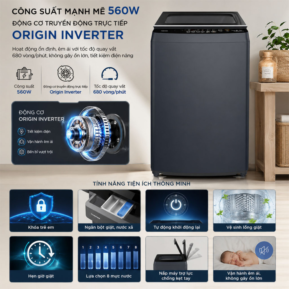 Máy giặt cửa trên Toshiba Inverter AW-T06D1600LV(MK) 15Kg - Hàng chính hãng