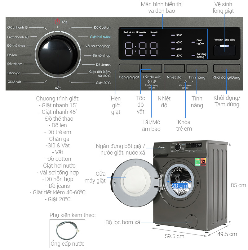 Máy giặt Casper Inverter 8 kg WF-8VG1  - Hàng chính hãng
