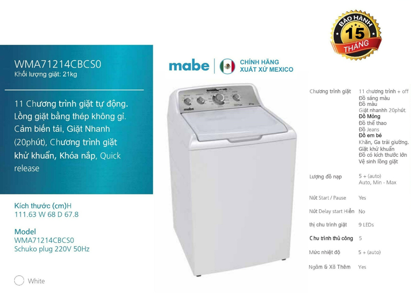 Máy giặt quần áo Mabe loại 21kg WMA71214CBCS0 - Hàng chính hãng