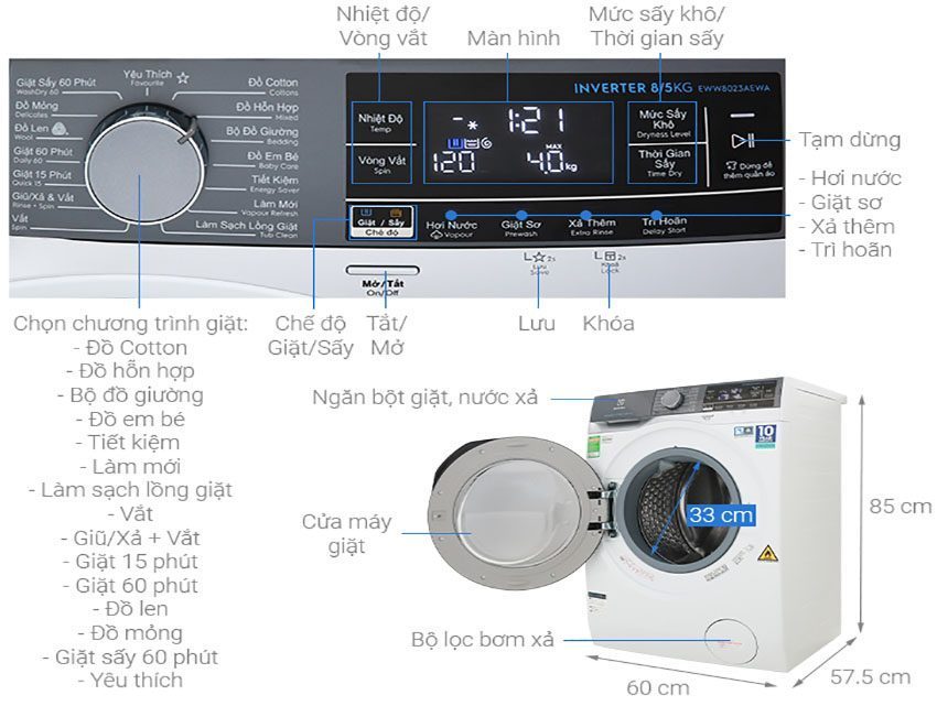 Máy giặt cửa trước Inverter Electrolux EWW8023AEWA - Hàng chính hãng