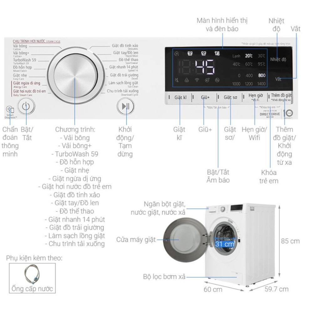 Máy giặt LG AI DD Inverter 10 kg FV1410S4W1 - Hàng chính hãng