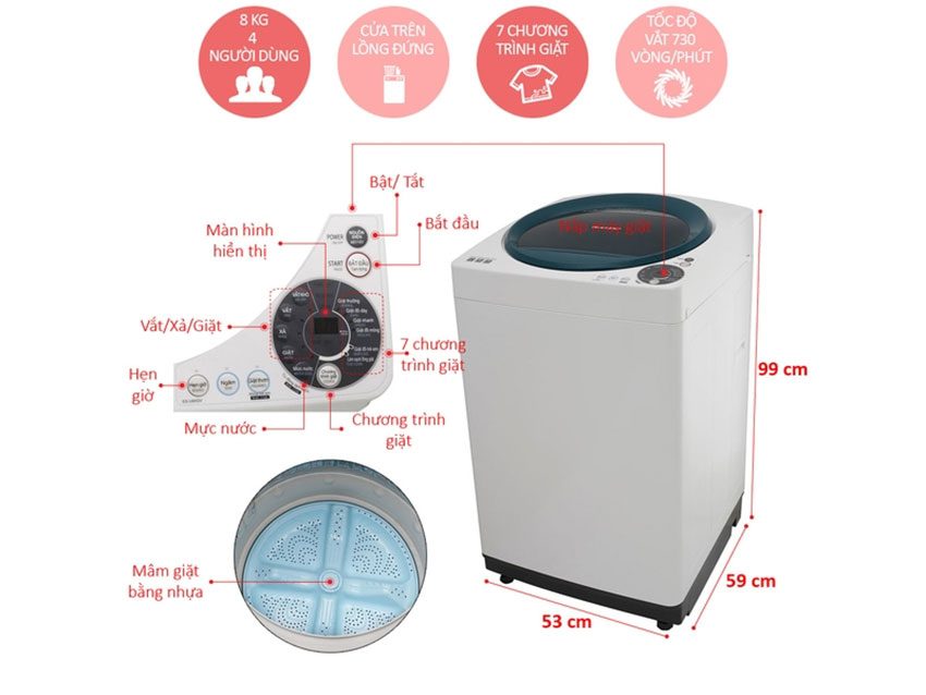 Máy giặt lồng đứng Sharp ES-U80GV-G - Hàng chính hãng