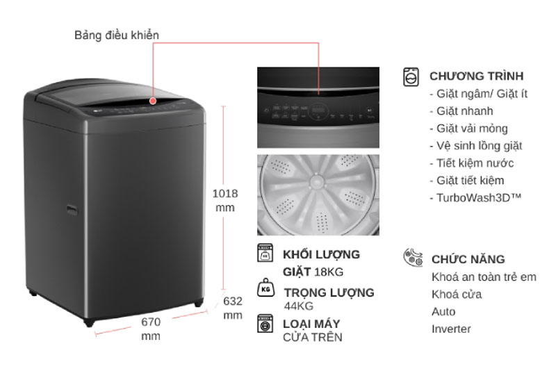 Máy giặt lồng đứng LG Inverter 14kg T2514VBTB - Hàng chính hãng