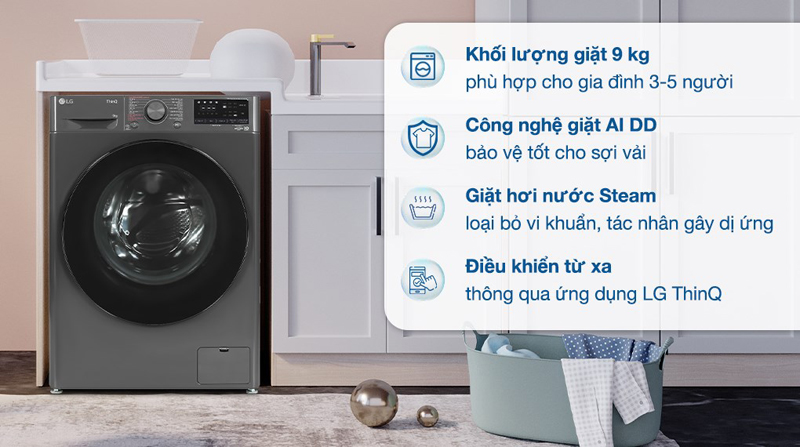 Máy giặt lồng ngang LG Inverter 9Kg FV1409S4M - Hàng chính hãng