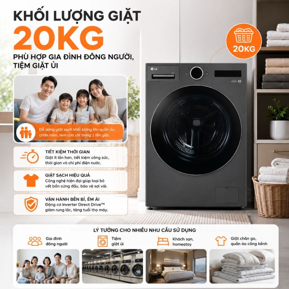 Máy giặt lồng ngang LG Inverter 20kg F2520SNTKA - Hàng chính hãng