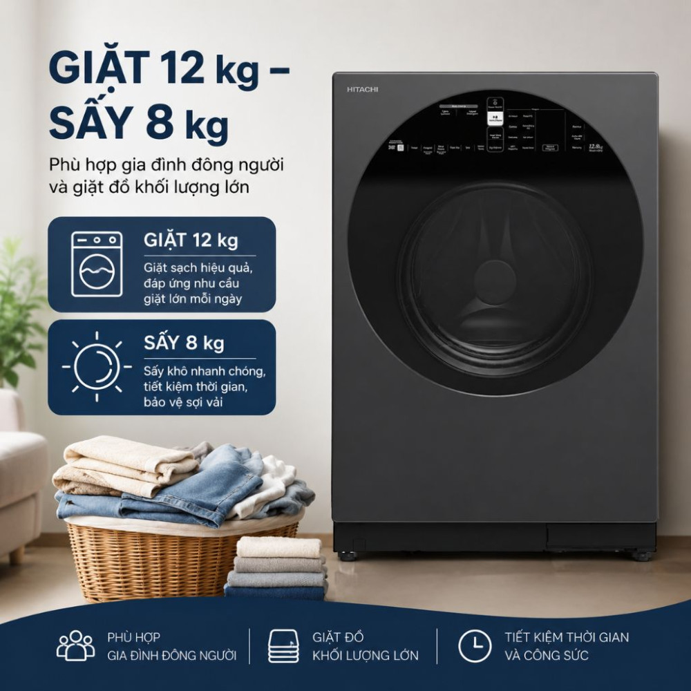 Máy giặt sấy Hitachi Inverter 12 kg BD-D120XGV MAG - Hàng chính hãng