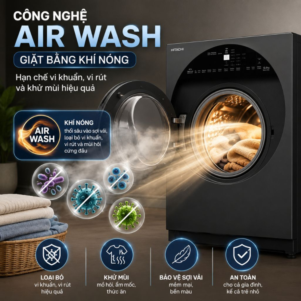 Máy giặt sấy Hitachi Inverter 12 kg BD-D120XGV MAG - Hàng chính hãng