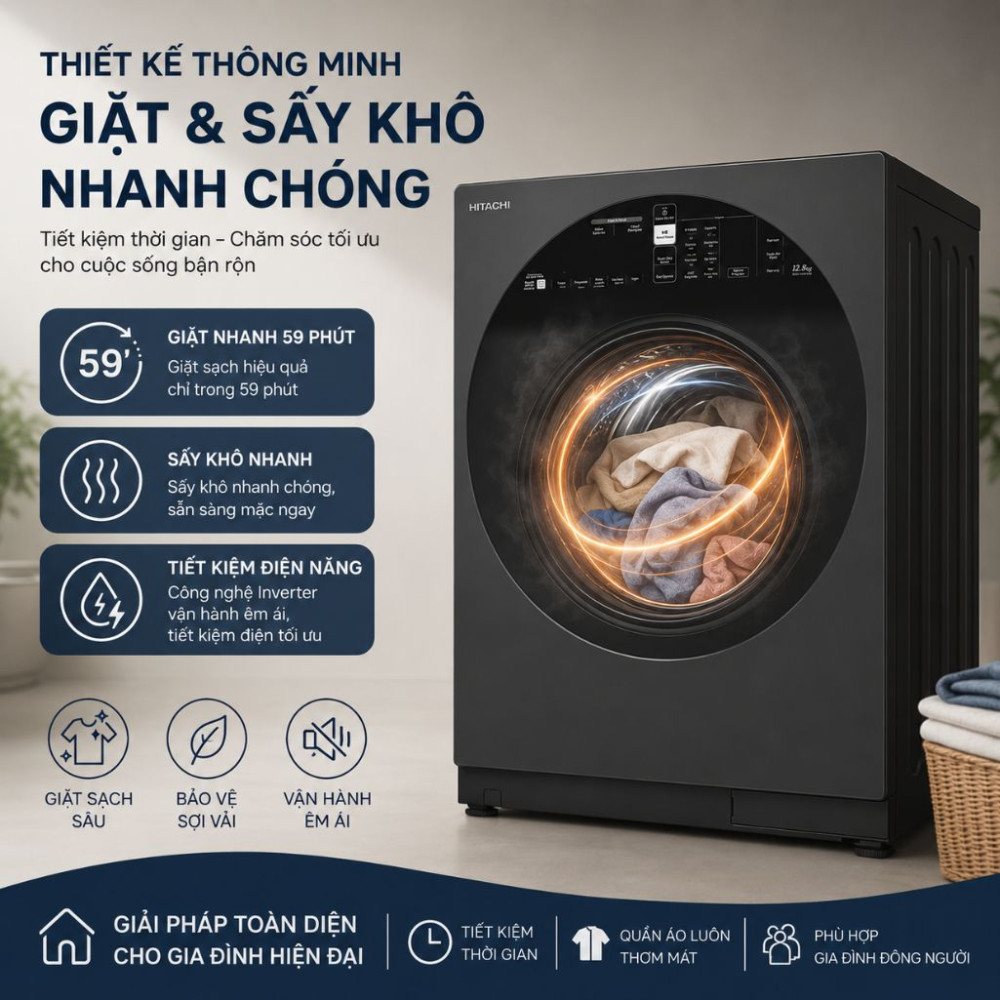 Máy giặt sấy Hitachi Inverter 12 kg BD-D120XGV MAG - Hàng chính hãng