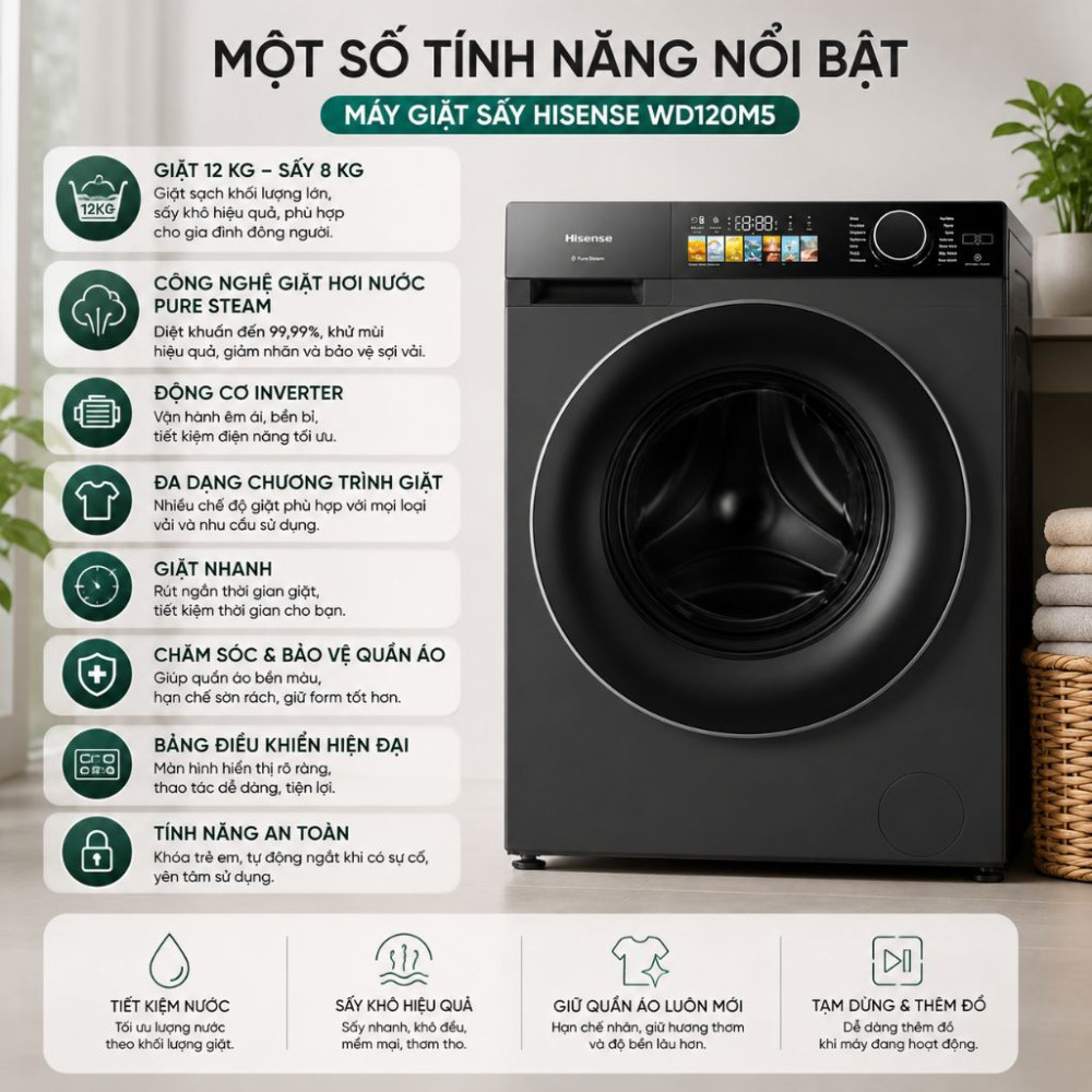 Máy giặt sấy Hisense WD120M5 - Hàng chính hãng