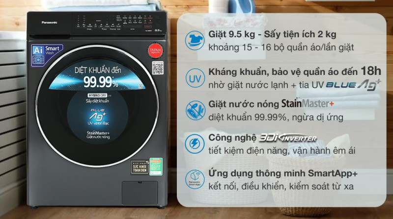 Máy giặt sấy Panasonic Inverter 9.5kg NA-V95FR1BVT - Hàng chính hãng