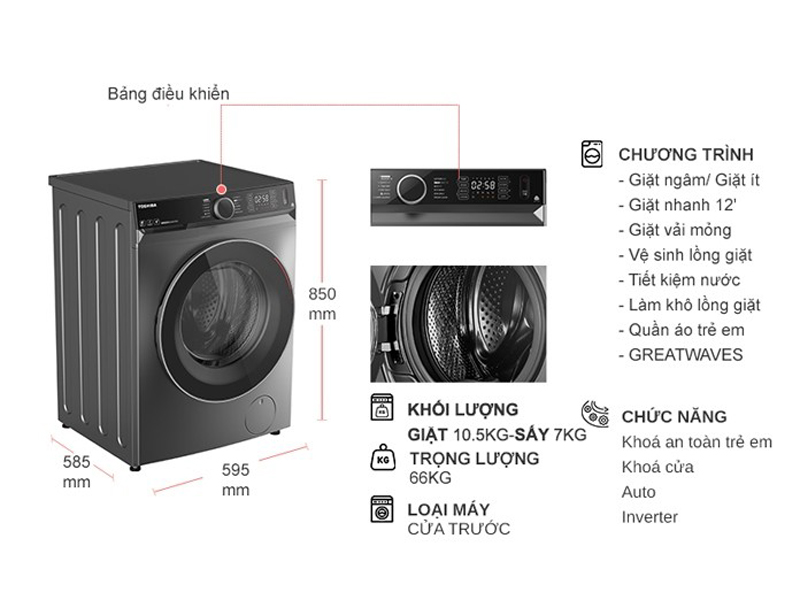 Máy giặt sấy Toshiba Inverter 10.5 kg TWD-BM115GF4V(SK)  - Hàng chính hãng