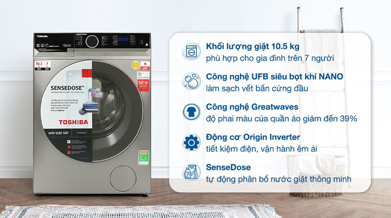 Máy giặt sấy Toshiba Inverter 10.5 kg TWD-BM115GF4V(SK)  - Hàng chính hãng