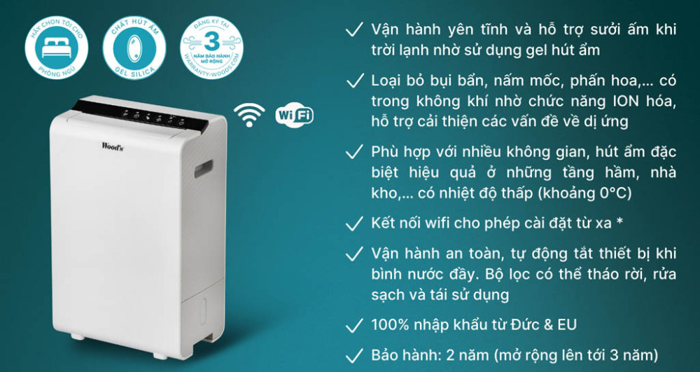Máy hút ẩm kèm lọc không khí Wood’s WDD90 - Hàng chính hãng