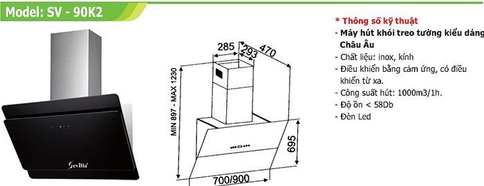 Máy hút khói khử mùi Sevilla SV-90K2 - Hàng chính hãng