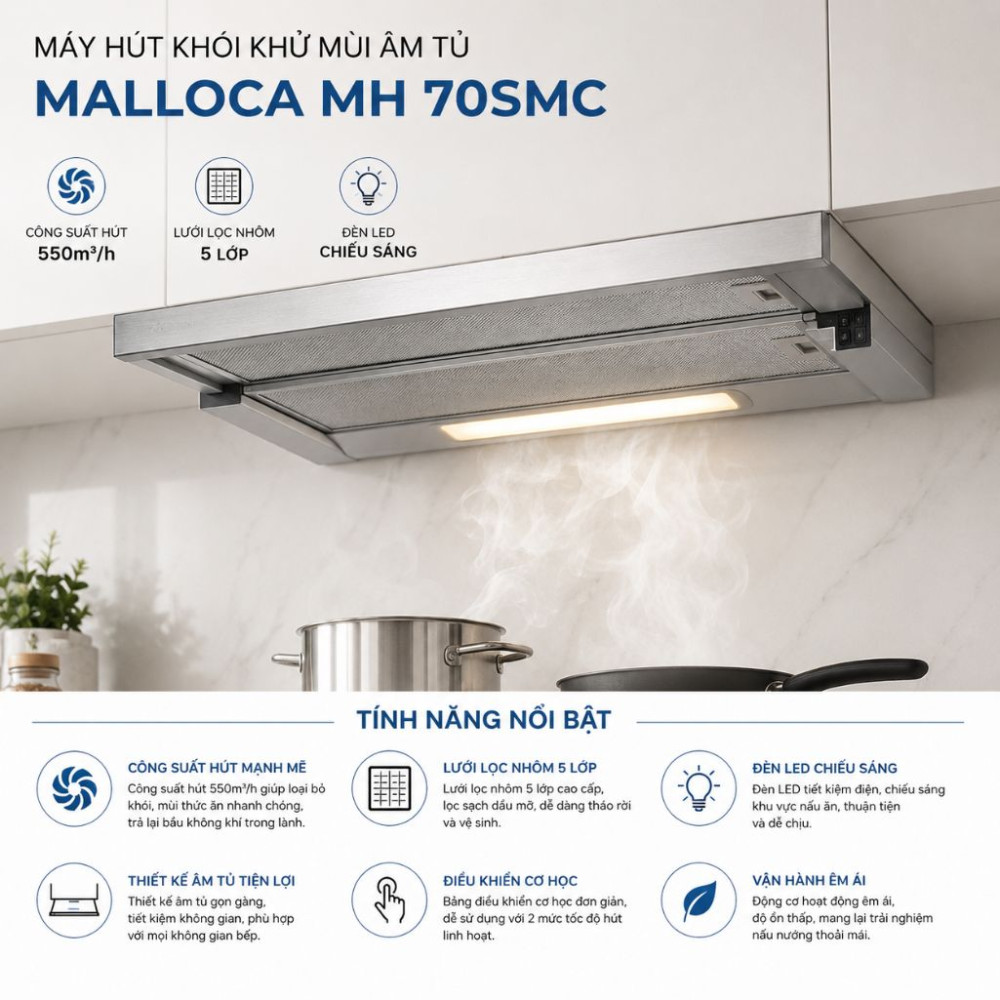 Máy hút khói khử mùi âm tủ Malloca MH 70SMC - Hàng chính hãng