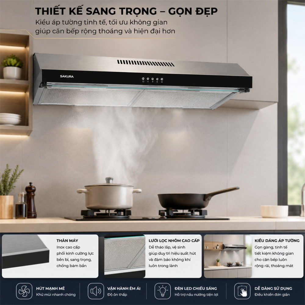 Máy hút mùi áp tường Sakura SCR-2881S - Hàng chính hãng