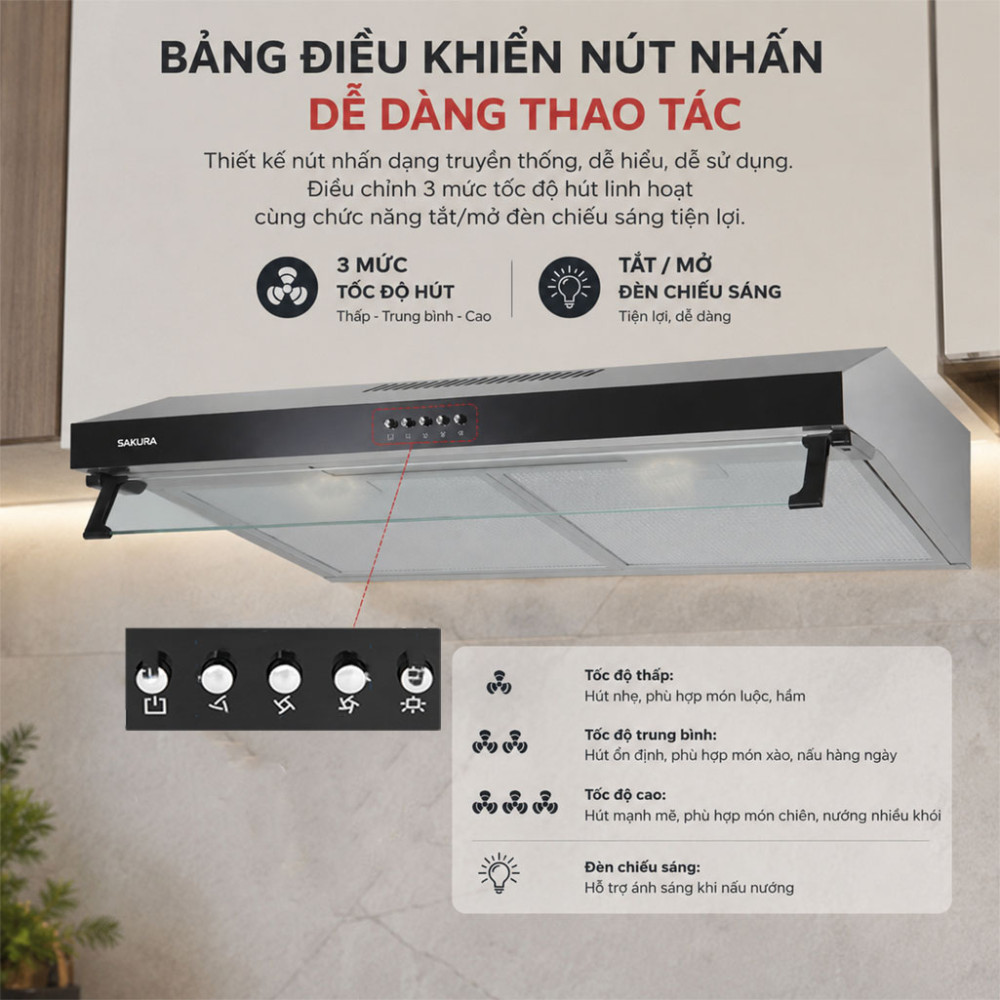 Máy hút mùi áp tường Sakura SCR-2881S - Hàng chính hãng