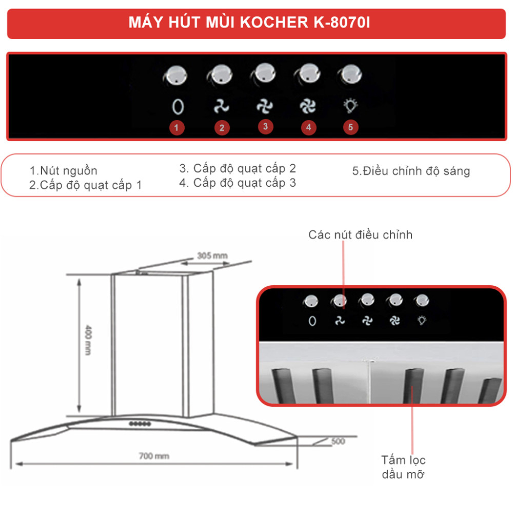Máy hút mùi kính cong Kocher K-8070I - Hàng chính hãng